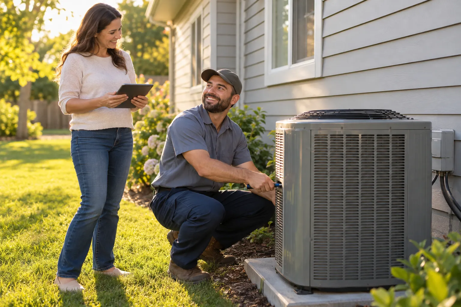A friendly independent HVAC provider checking an outdoor air conditioner at a Kettering area home